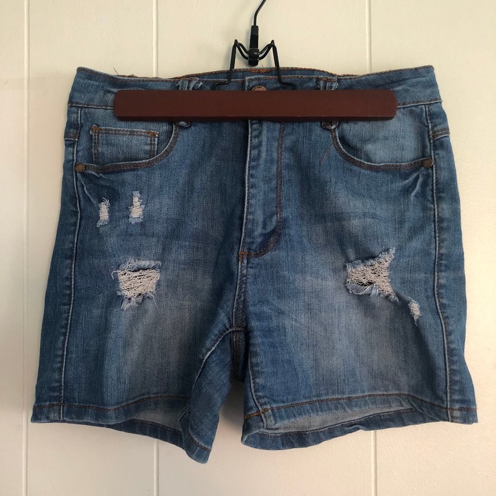 short, high waisted, jean, destressed